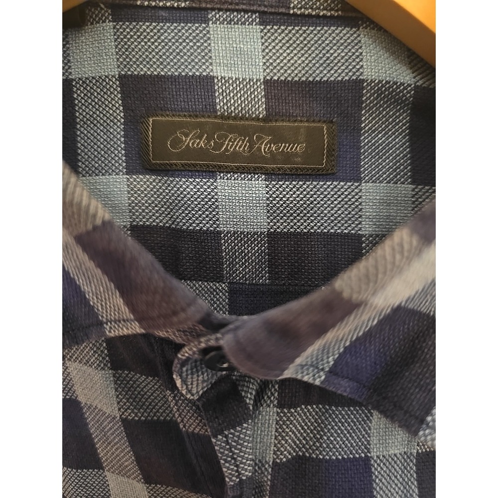 Saks Fifth Avenue Mens Long Sleeve Button Down Shirt Medium Blue Plaid‎ Cotton